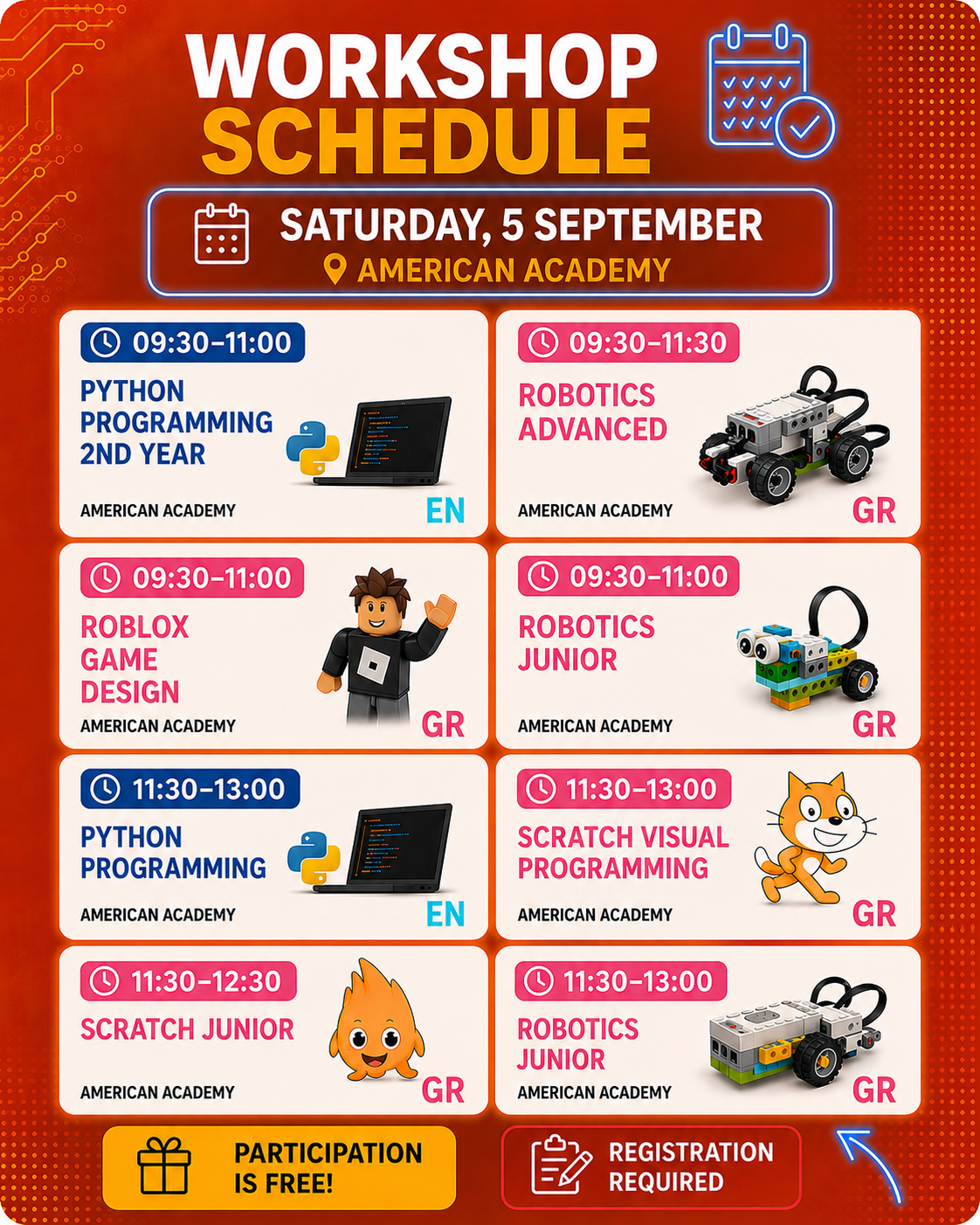 Workshop schedule, Saturday, American Academy Limassol